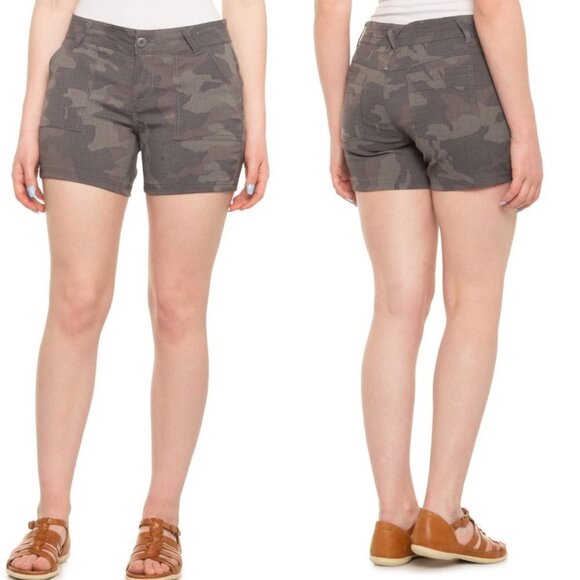 PrAna Womens NWT Gravel Camo Gray Mid Lightweight Stretch Olivia Shorts Sz 4 - Picture 1 of 10